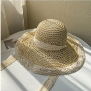 Handmade Lace Lace Hollow Small Windproof Rope Crochet Straw Hat